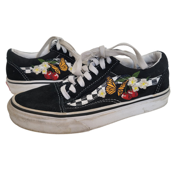 Vans Old Skool Checker Floral Black Cherry Butterfly Embroidery Women 5.5 - Picture 1 of 10